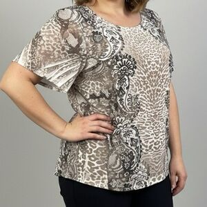 STYLE & CO Brown and White Short Sleeve Tee with Crystals 2X